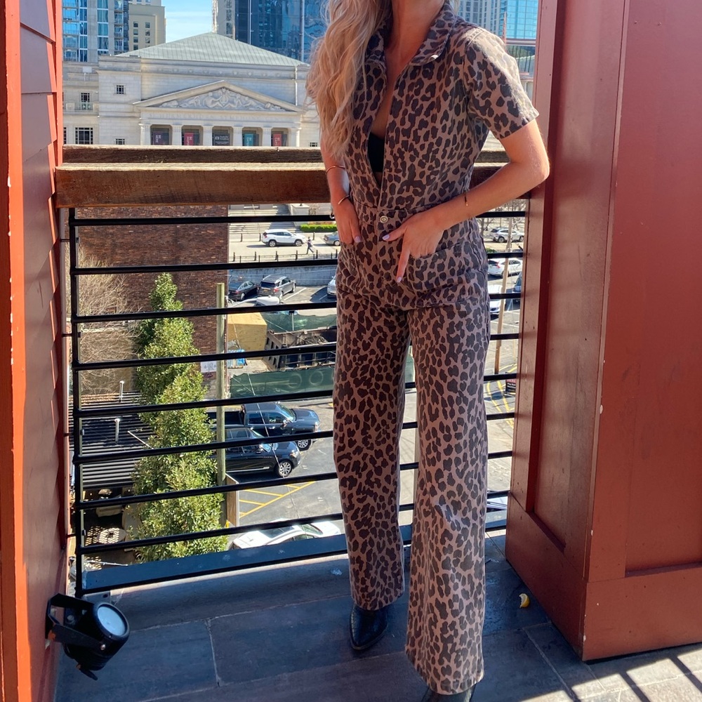 Denim leopard V Neck Jumpsuit